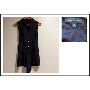 Tommy Hilfiger Navy Blue Red Dotted Cotton Dress Top Button Collar Sleeveless